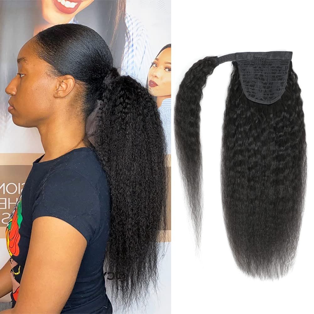 Adette 18 Inch Human Hair Yaki Straight Ponytail Hair Extensions Wrap Around Kinky Straight Ponytails Magic Paste Clip in Pony Tails for Fashion Women