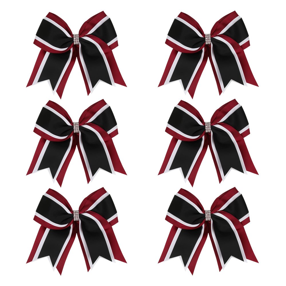 8 Inch 3 Colors 3 Layers 6 Pcs Cheerleader Bows Jumbo Cheerleading Bows Hair Elastic Hair Tie for High School College (Maroon/White/Black)