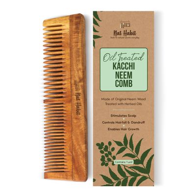 Nat Habit - Back To Natural Secrets Everyday Kacchi Neem Comb Treated With Neem Oil, Bhringraj & 17 Herbs (Dual Tooth) 18-20Cm Length Brown