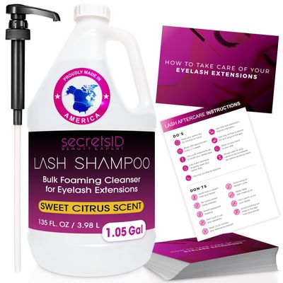 Professional Lash Shampoo for Extensions 1.05 Gallon Bulk (3.98L) + 50 Aftercare Cards & Pump Salon-Grade Eyelash Cleanser, Oil-Free Tangerine-Mango Scent, Made in North America Lash Wash Concentrate