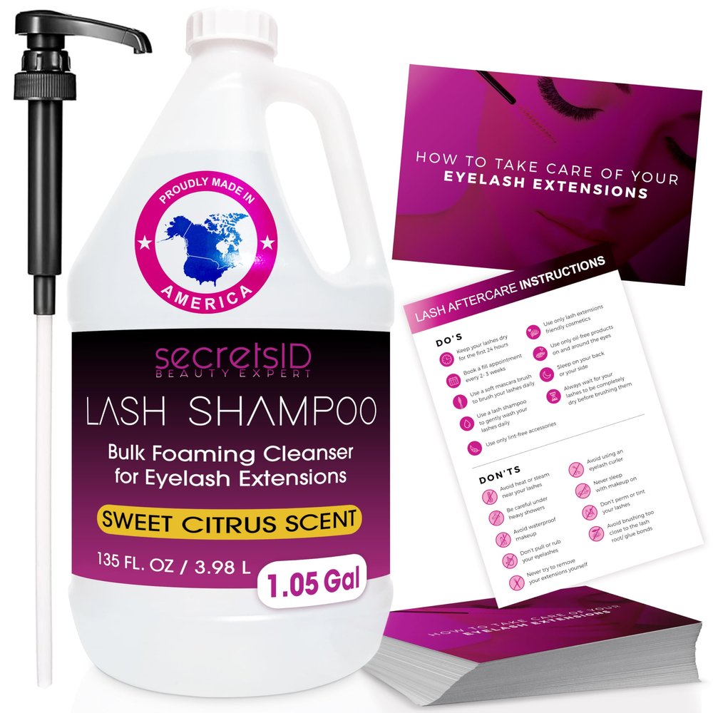 Professional Lash Shampoo for Extensions 1.05 Gallon Bulk (3.98L) + 50 Aftercare Cards & Pump Salon-Grade Eyelash Cleanser, Oil-Free Tangerine-Mango Scent, Made in North America Lash Wash Concentrate