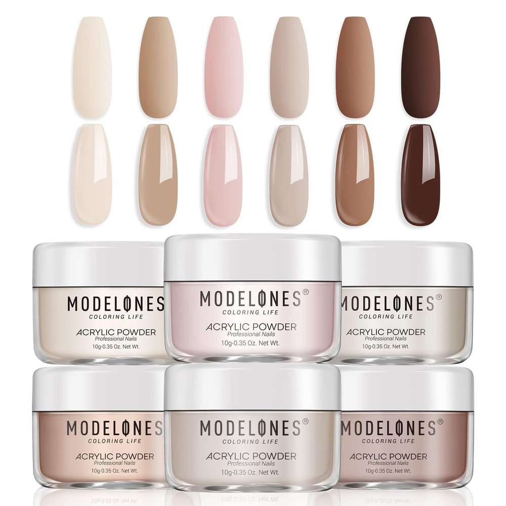 Modelones Nude Acrylic Powder 6 Colors Acrylic Nail Powder Kit Chocolate Brown Latte Soft Tones Cover Powder for Nail Art Extension No Nail Lamp Needed (C2-Going Nude)