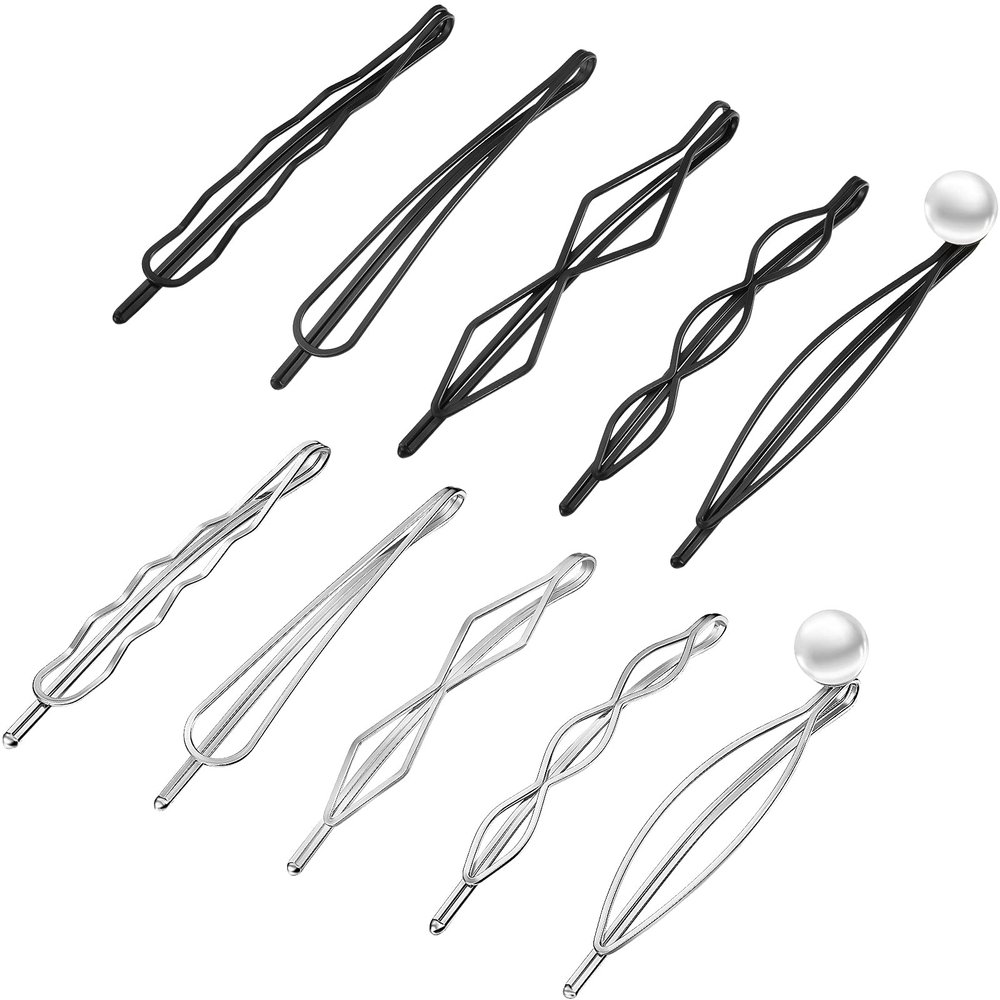 10 Pieces Geometric Metal Hair Clips and Barrettes for Women - Hair Styling Pins, Minimalist Decorative Wedding Accessories, Dainty Headwear (Silver, Black)