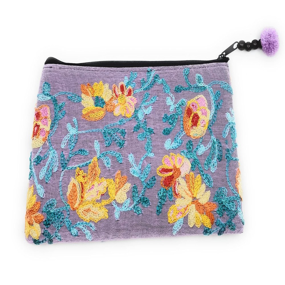 Ayuni Gifts of the World Beautifully Embroidered Thai Cotton Pouch, Change Purse, Makeup Bag or Wristlet Colorful Floral Patterns (Lavender, Makeup Bag)