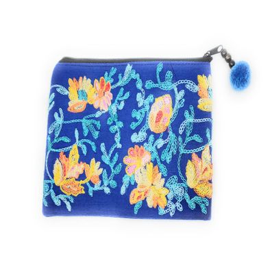 Ayuni Gifts of the World Beautifully Embroidered Thai Cotton Pouch, Change Purse, Makeup Bag or Wristlet Colorful Floral Patterns (Blue, Makeup Bag)