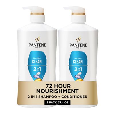 Pantene 2-in-1 Shampoo & Conditioner, Classic Clean - Pro-V Nutrients for Dry, Color-Treated Hair, Healthy Looking Hair Every Wash, Antioxidant-Rich, 27.7 Oz Each, 2-Pack + Rescue Shot (0.5 Oz)