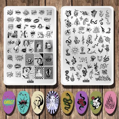 2pcs Mix Abstract Face Various Snake Series Nail Stamping Plates Beauty Girl Letter Word Image 14.59.5cm Nail Stamping Art Stencil Big Size Flower Fire Skull Full Cover Nail Art Stamp Templates Tools