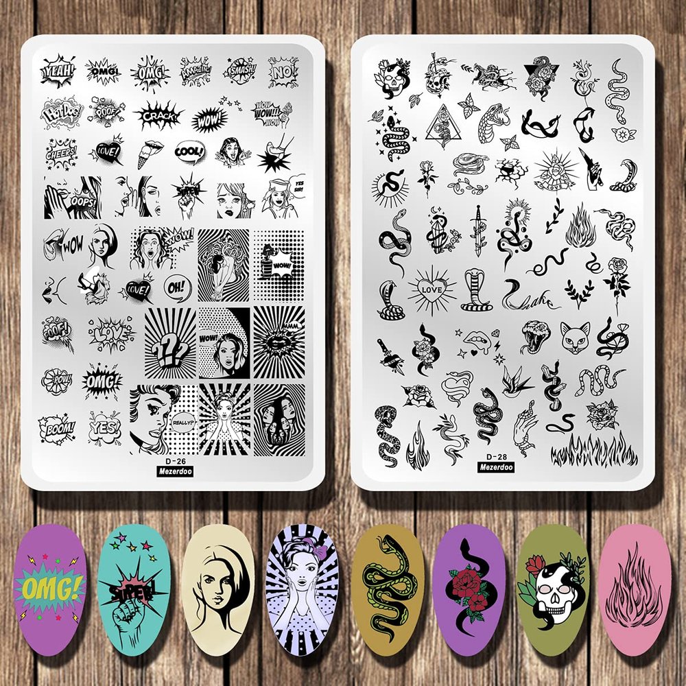 2pcs Mix Abstract Face Various Snake Series Nail Stamping Plates Beauty Girl Letter Word Image 14.59.5cm Nail Stamping Art Stencil Big Size Flower Fire Skull Full Cover Nail Art Stamp Templates Tools