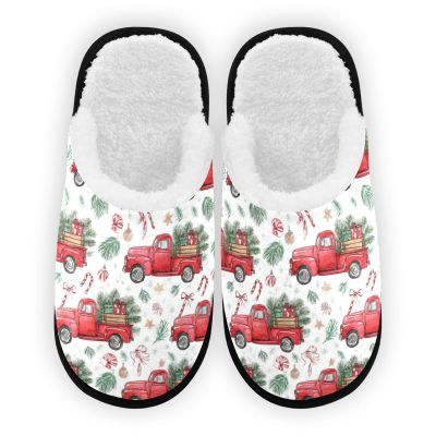 Dussdil Christmas Red Truck Candy Cane Ribbon Women Men House Slippers Home Spa Slippers Memory Foam Closed Toe Slipper Non Slip for Hotel Bedroom Travel Shoes L