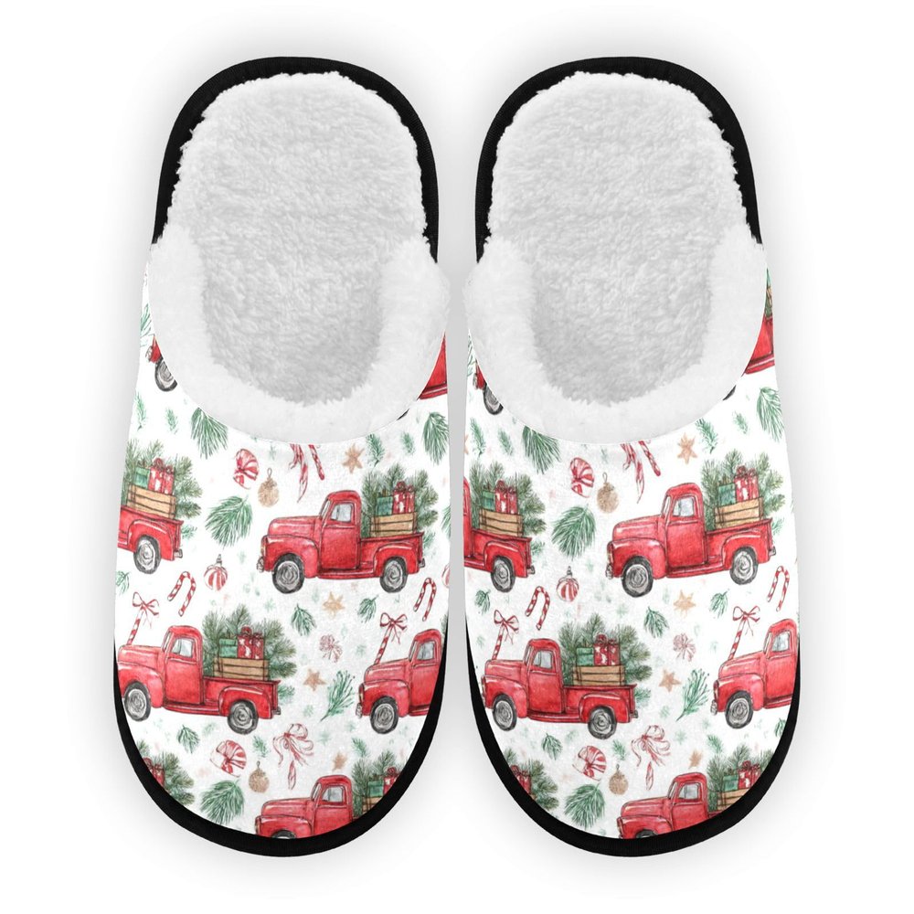 Dussdil Christmas Red Truck Candy Cane Ribbon Women Men House Slippers Home Spa Slippers Memory Foam Closed Toe Slipper Non Slip for Hotel Bedroom Travel Shoes L