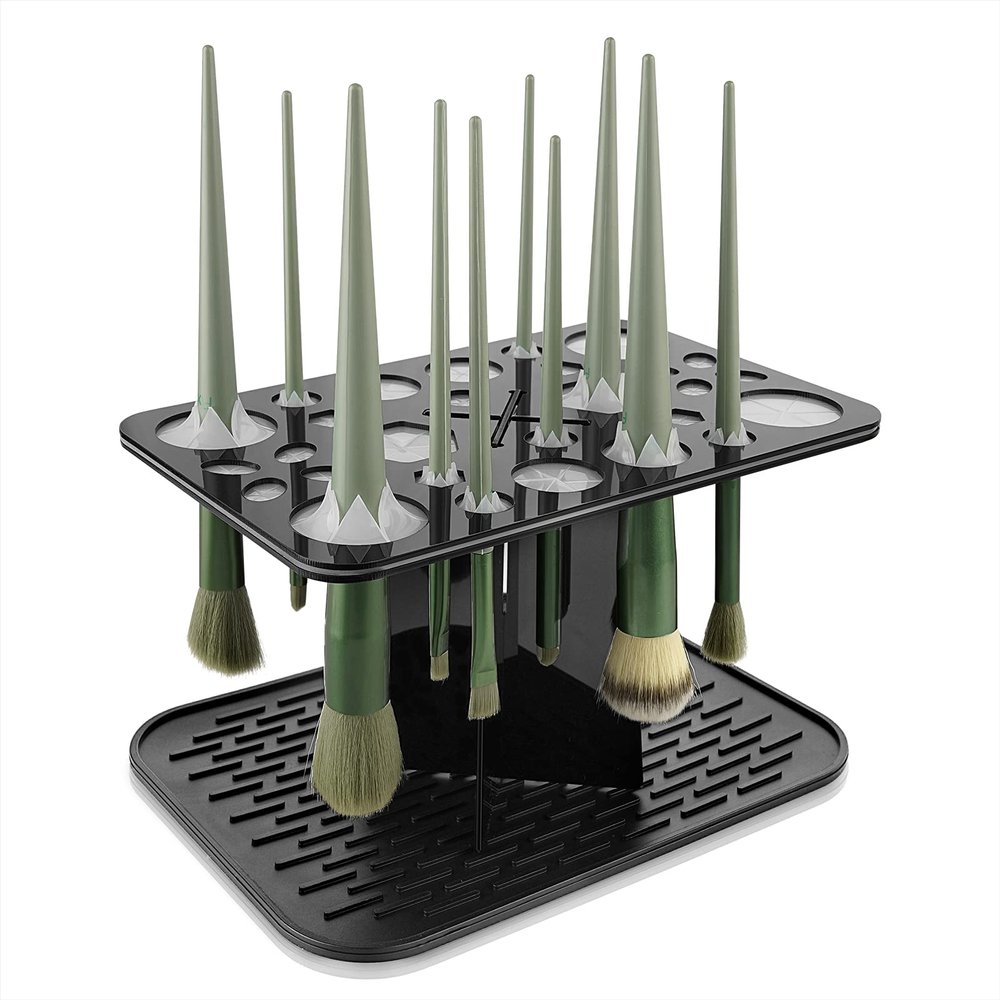 CAIRIAC 28 Holes Makeup Brush Holder,Makeup Brush Drying Rack Upside Down,Folding Makeup Brush Holder,Air Tree Tower Stand Organizer Comes with Mat