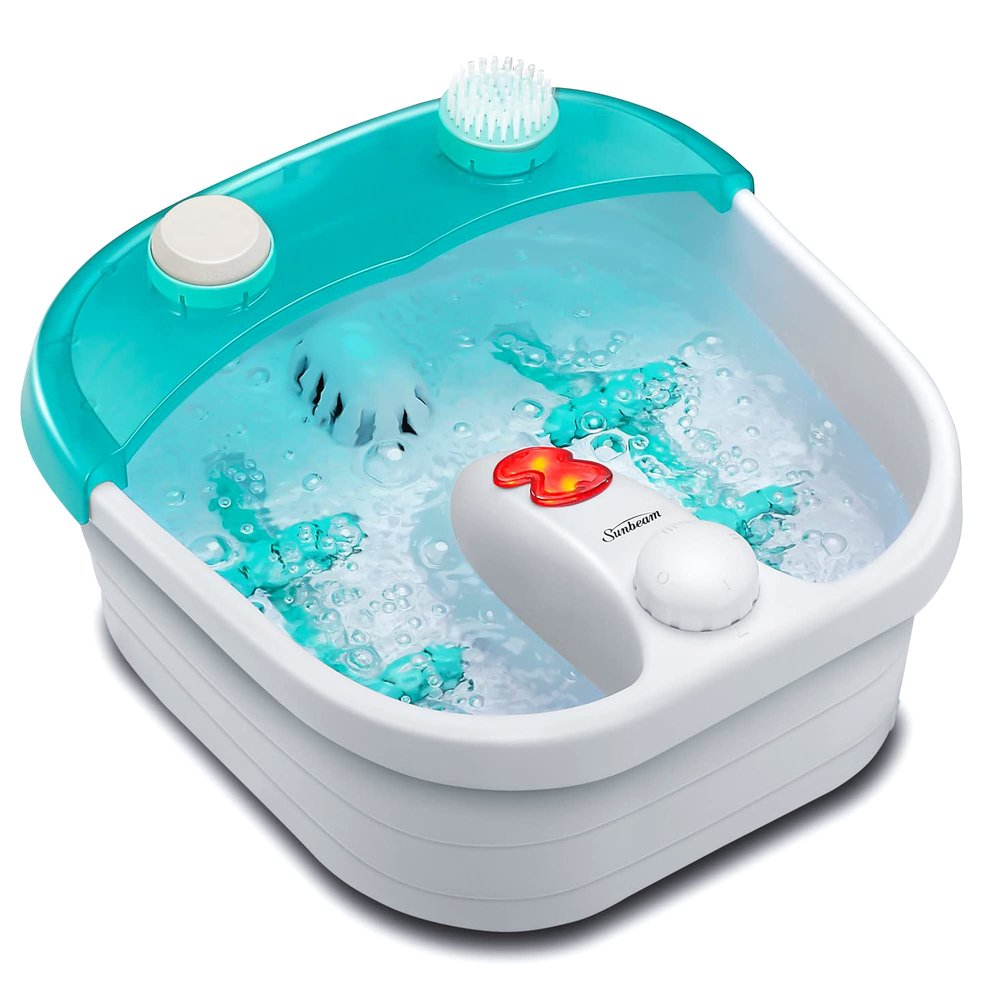 Sunbeam Deep Reservoir Aqua Therapy Foot Spa Foot Bath with Heat, Bubbles, Massage Rollers with Exfoliating Brush and Pumice Stone Pedicure Attachments, Extra Long Basin