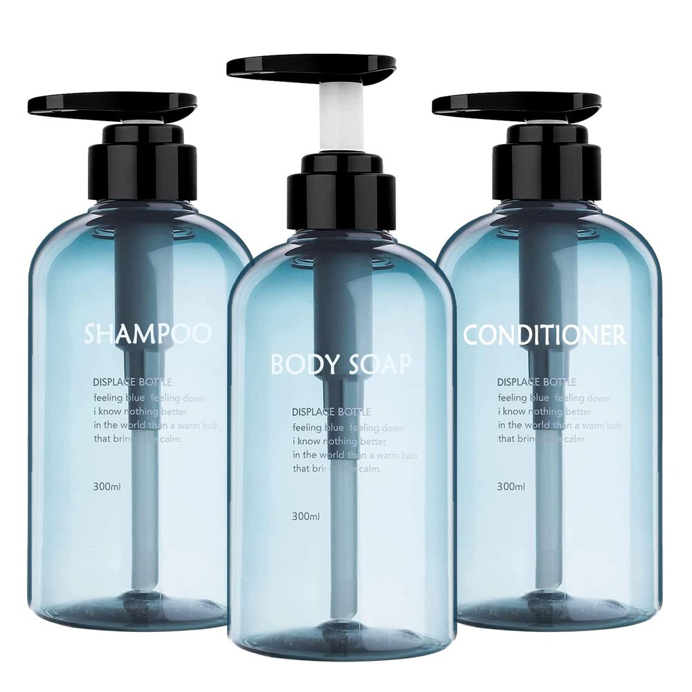 Refillable Shampoo and Conditioner Bottles, 10oz/300ml Shampoo Conditioner Body Wash Dispenser for Hotel Bathroom, 3pcs Plastic Shampoo Bottles with Pump (Blue)