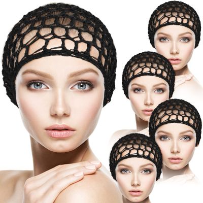 CACASO Mesh Rayon Knit Hair Caps for Women - 5Pcs Crocheted Thick Snood Hats for Sleeping, Soft Hair Accessories With Cover Ornament (Black)