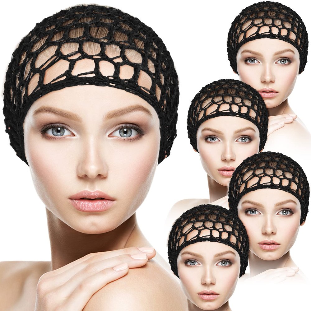 CACASO Mesh Rayon Knit Hair Caps for Women - 5Pcs Crocheted Thick Snood Hats for Sleeping, Soft Hair Accessories With Cover Ornament (Black)