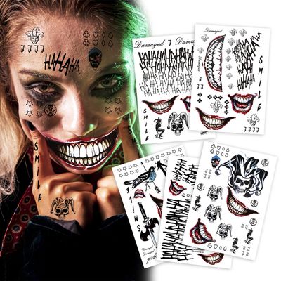 5 Sheets Cosplay Clown Prince Temporary Tattoos Large Tattoo Stickers for Men, Women, and Kids Evil Smile and Jester-themed Fake Tattoos for Cosplay, Halloween, and Parties