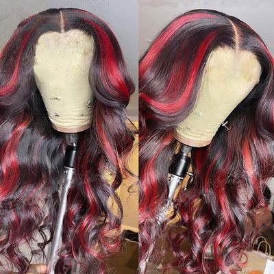 13x4 Hot Red Highlight Lace Front Wigs Human Hair Loose Body Wave Wig Pre Plucked with Baby Hair for Black Women (16inch,13x4 lacefront wig)