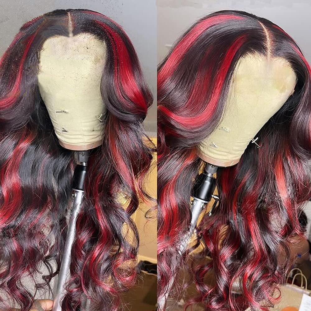 13x4 Hot Red Highlight Lace Front Wigs Human Hair Loose Body Wave Wig Pre Plucked with Baby Hair for Black Women (16inch,13x4 lacefront wig)