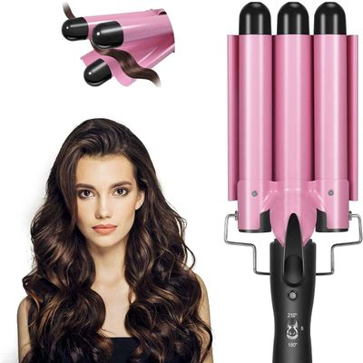 Broteen Hair Curling Iron, 3 Barrel Curling Iron Wand 1 Inch Crimper Hair Iron 25mm Waver Iron Temperature Adjustable Heat Up Quickly Last Long Mermaid Hair Waver Iron Pink