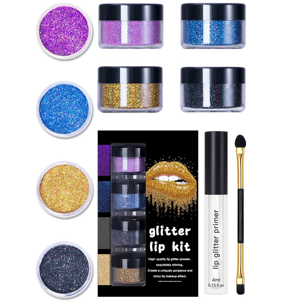 LOKFAR 4 Colors Glitter Lip Kit - Shiny Diamond and Metallic Glitter Lipstick Gloss Pigment Powder, Waterproof & Long Lasting Shimmer Lip Makeup Set for Women (Set B Cool Color)