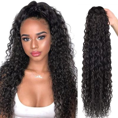 Meepo 30 Inch Curly Ponytail Extensions Synthetic Deep Wave Drawstring Ponytail For Black Women Human Hair Feeling With Clip In Thick Ponytail Hair Natural Brown Hairpiece(2,160g) (30" cw, 2)