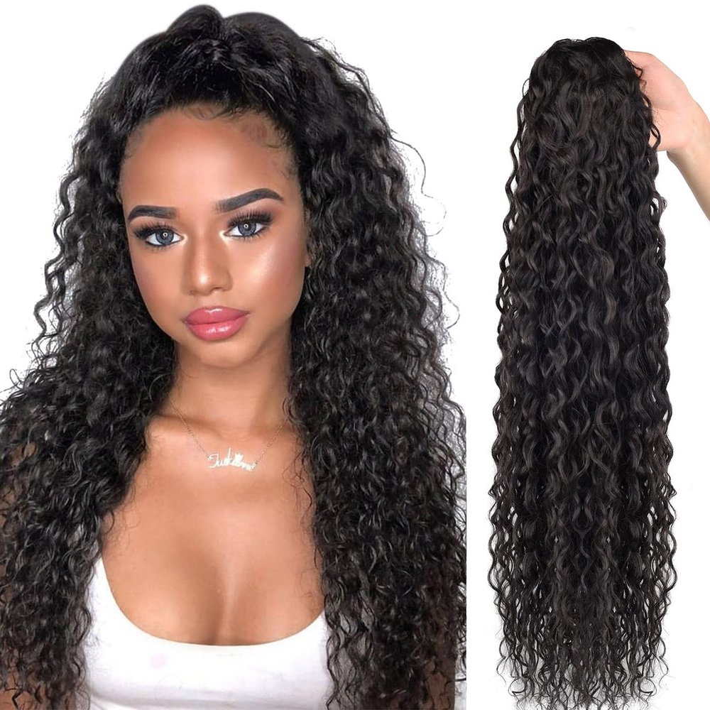 Meepo 30 Inch Curly Ponytail Extensions Synthetic Deep Wave Drawstring Ponytail For Black Women Human Hair Feeling With Clip In Thick Ponytail Hair Natural Brown Hairpiece(2,160g) (30" cw, 2)