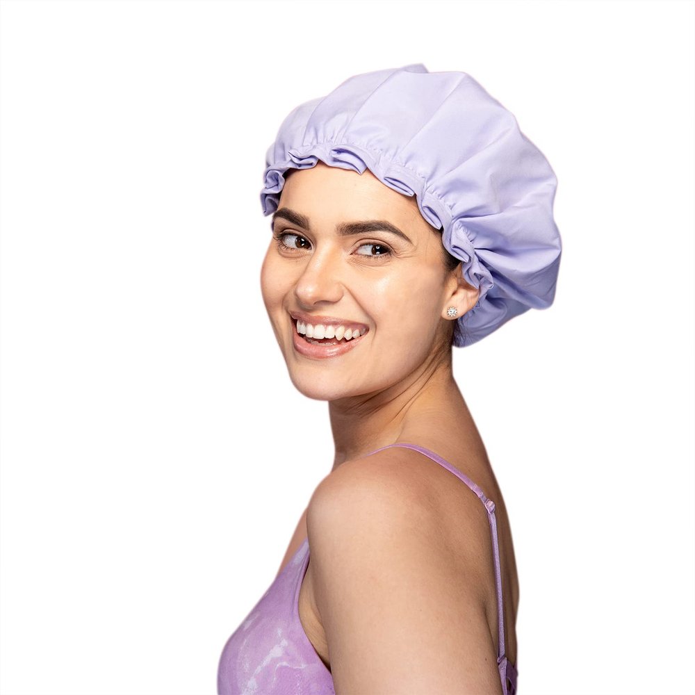 Large Shower Cap, Reusable, Double Layer Lined with Soft Waterproof Material, Ruffle Trim, for All Hair Lengths (Purple)