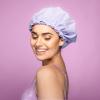 Large Shower Cap, Reusable, Double Layer Lined with Soft Waterproof Material, Ruffle Trim, for All Hair Lengths (Purple) view 2