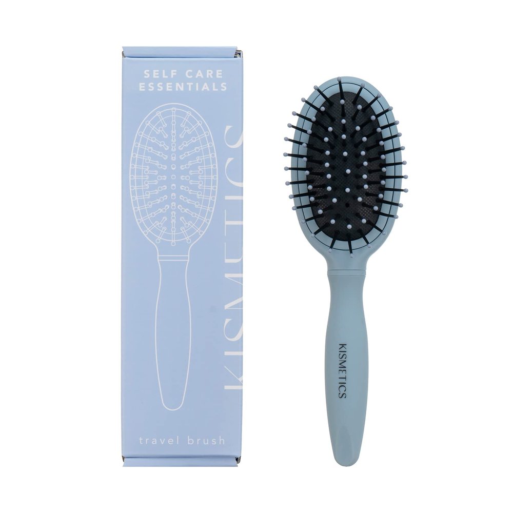 KISMETICS - Gentle Detangling Travel Brush, Small Size Paddle Brush with a Pouch, Nylon Pins on Soft Cushion with Ball Tips