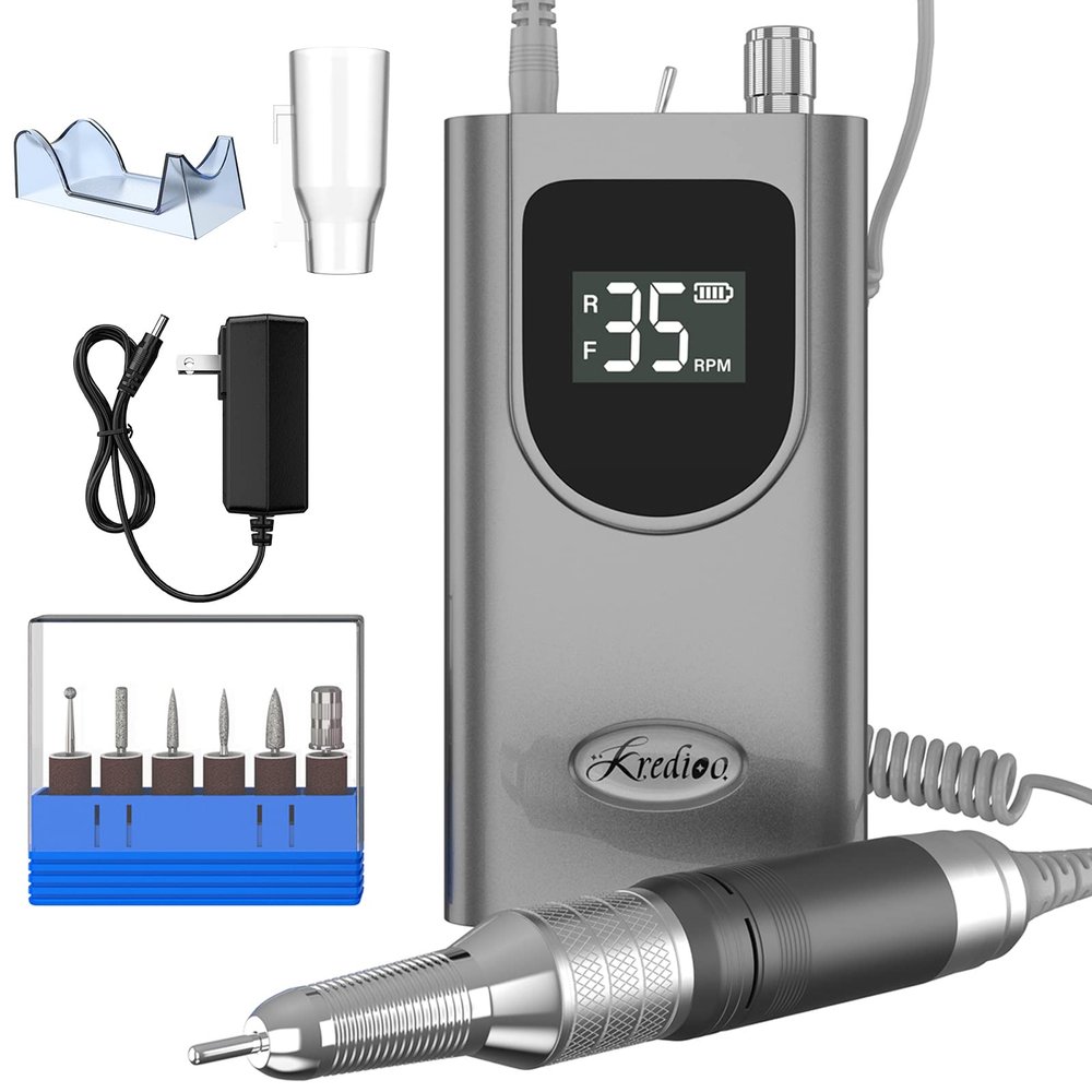 Kredioo Nail Drill 35000RPM Professional Electric Nail Drill Rechargeable Portable Efile Machine 6 Bits Kit Remove Acrylic Gel Nails Dip Powder for Salon Manicure Pedicure -Grey