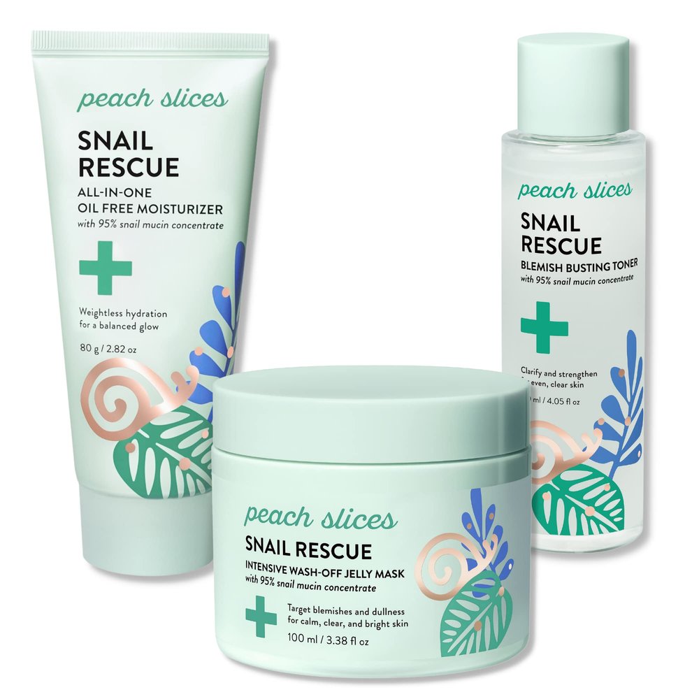 Peach Slices Snail Rescue Bundle | Blemish Busting Toner, Oil-Free Moisturizer & Wash-Off Mask | 95% Snail Mucin Concentrate | All Skin Types