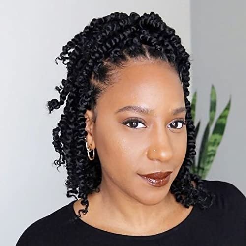 ZRQ Short 8 Packs Pre-twisted Bob Passion Twist Crochet Hair with Curly Ends 8 Inch Pre looped Black Passion Twists Hair 12 Roots/Pack Synthetic Bohemian Crochet Braids Hair for Black Women 1B#