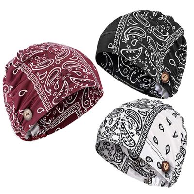 3 Pieces Soft Adjustable Bouffant Caps with Buttons Fabric Flower Pattern Elastic Bouffant Cap Turban Skull Cap Head Hair Covers with Sweatband Women Chemo Caps with Button Headband for Women Men