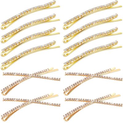 12 Pieces Rhinestone Bobby Pins Decorative Fancy Crystal Hair Clips Shiny Metal X Shaped Barrettes Bling Diamond Wedding Bridal Shower Hair Accessories for Women Ladies Girls (Gold)