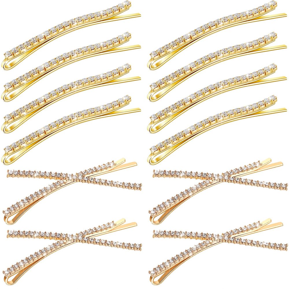 12 Pieces Rhinestone Bobby Pins Decorative Fancy Crystal Hair Clips Shiny Metal X Shaped Barrettes Bling Diamond Wedding Bridal Shower Hair Accessories for Women Ladies Girls (Gold)