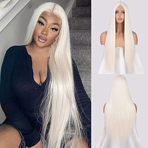 Haoke White Synthetic Wigs Straight Hair Heat Resistant Hair Fake Lace Front Wig With Middle Part Natural Long Straight Wig 26Inch