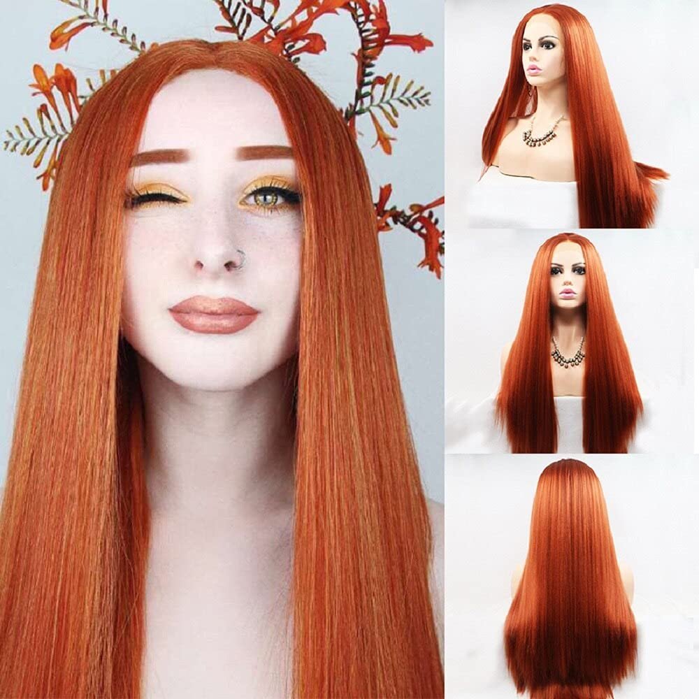 Haoke Kinky Straight Lace Front Wigs Side Part Long 350# Ginger Colored Wig Glueless Lace Wigs Synthetic Yaki Straight Wig Heat Resistant Fiber Hair Brown Red Wig With Baby Hair For Black Women