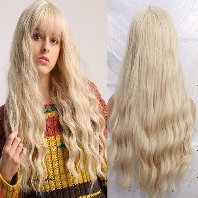Haoke Long Light Blonde Wigs with Bangs Heat Resistant Synthetic Wavy Wigs for Women African American fashion hairs