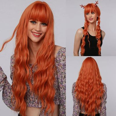 Haoke Long Red Orange Colored Curly Fake Scalp Front wig Synthetic Wigs with Bangs for Women Heat Resistant Fiber Hair Orange Red Wigs Cosplay Wig