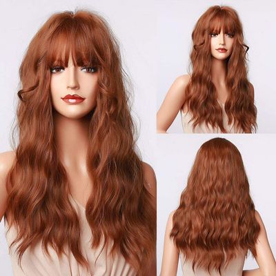 Haoke Natural Wave Wigs with Bangs Honey Brown Wigs for Women Brown Wig Synthetic Long Wavy Loose Curly Wig Heat Resistant Fiber 24 Inches Brown Colorful Hair Wigs