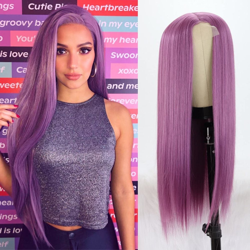 Haoke Light Purple Long Straight Hair Wig Glueless Heat Resistant Fiber Hair Synthetic Hair Wigs None Lace Front Wigs for Fashion Women
