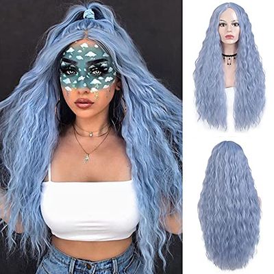 Haoke Light Blue Color No Lace Front Wig Long Wavy Synthetic Wig Heat Resistant Fiber Middle Parting full machine make Halloween Party Use wig