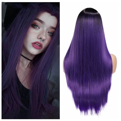 Haoke Long Ombre Purple Synthetic Wig Heat Resistant Fiber Straight Hair Middle Part For Women Ombre Purple Machine Made Wig