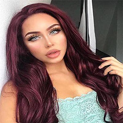 Haoke Long Body wave None Lace Front Wig Synthetic 99J Wig Middle Part 180% Density Glueless No Lace Wig Natural Looking Wigs for Black Women