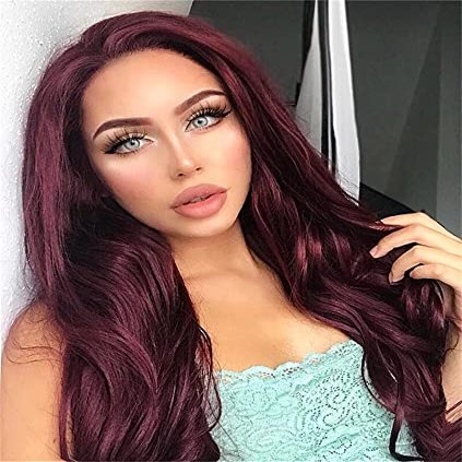 Haoke Long Body wave None Lace Front Wig Synthetic 99J Wig Middle Part 180% Density Glueless No Lace Wig Natural Looking Wigs for Black Women