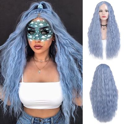 Haoke Light Blue Color No Lace Front Wig Long Wavy Synthetic Wig Heat Resistant Fiber Middle Parting full machine make Halloween Party Use wig