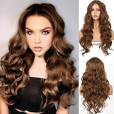 Honey Brown Long Body Wave Synthetic Wig Wine Honey Brown Middle Parting Wig Honey Brown No Lace Wigs full machine make Halloween Party Use wig