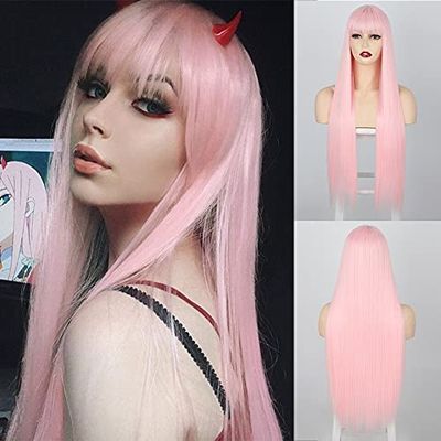 Haoke Synthetic Wigs Long Straight Pink Cosplay Wigs with Bangs for Women Black White Brown Blue Daily Use Hairs