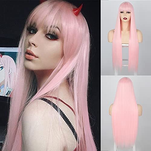 Haoke Synthetic Wigs Long Straight Pink Cosplay Wigs with Bangs for Women Black White Brown Blue Daily Use Hairs