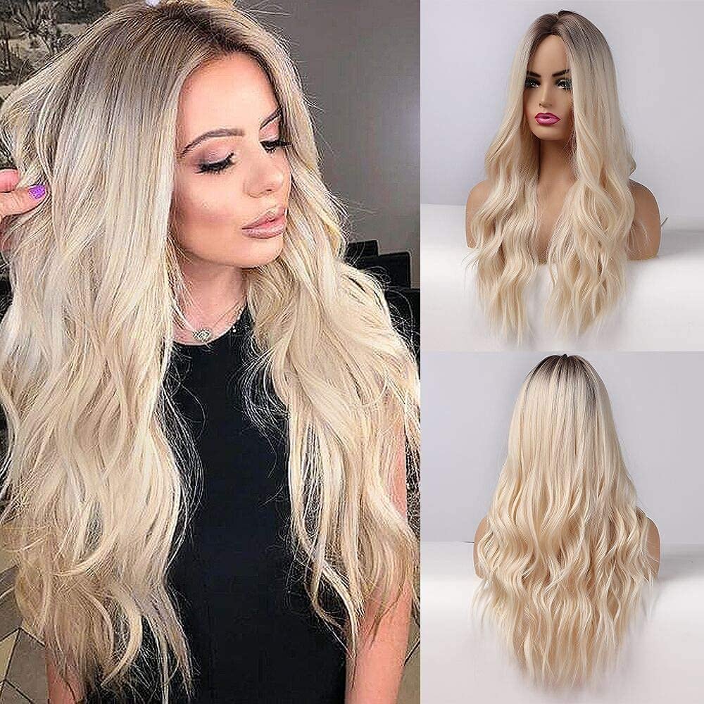 Haoke Ombre Light Blonde Synthetic Machine Made Wigs Straight Hair Heat Resistant Hair Fake Lace Front Wig for Black Women With Middle Part Natural Long Ombre Light Blonde Wig 24 Inch